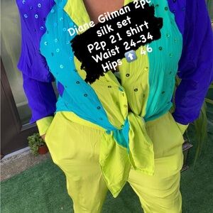 Diane Gilman Women's Two-Piece Silk Set - Blue and Green